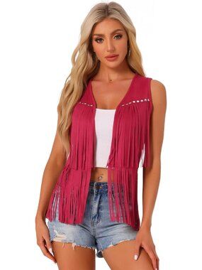 Women's Red Faux Suede Fringe Top Vest Open Front Western Tassel Cardigan